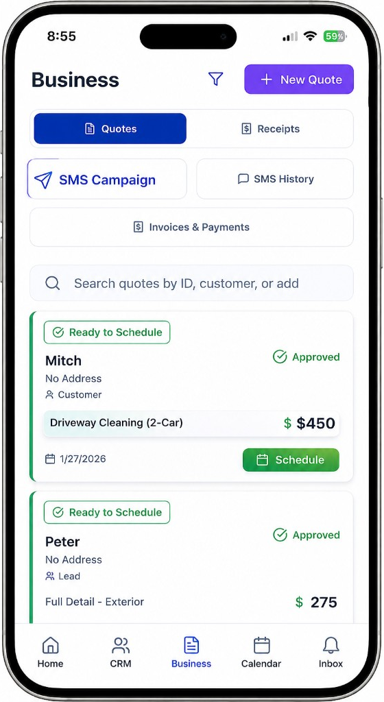ServiceWizard field service management dashboard for scheduling jobs and invoices