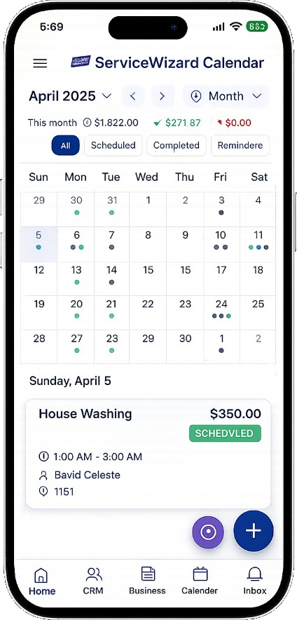 ServiceWizard job calendar for scheduling pressure washing appointments