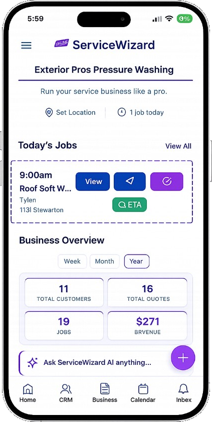 ServiceWizard home service software interface for managing local jobs